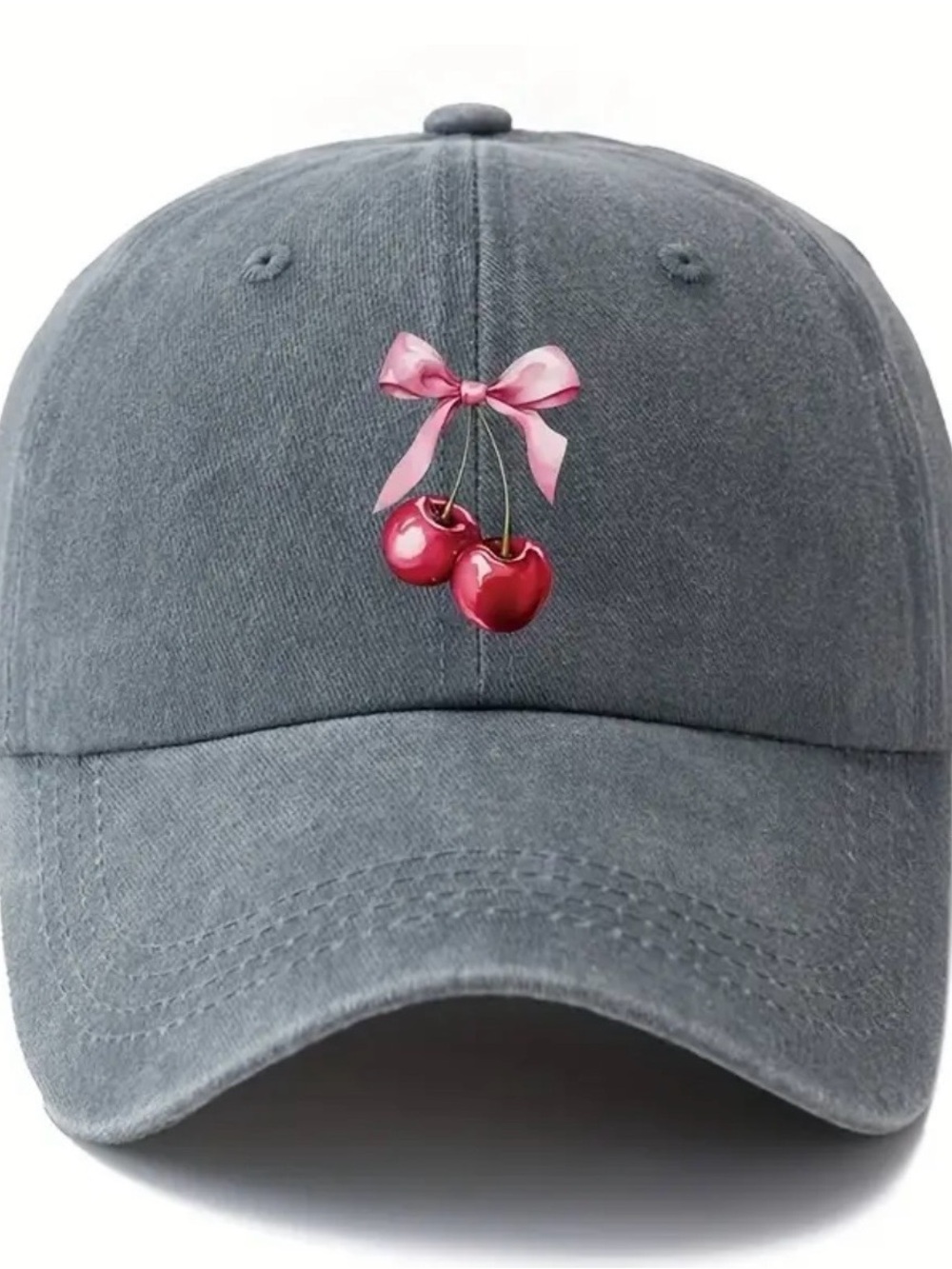 Gray Baseball Cap with Pink Ribbon & Red Cherry adjustable strap in back
